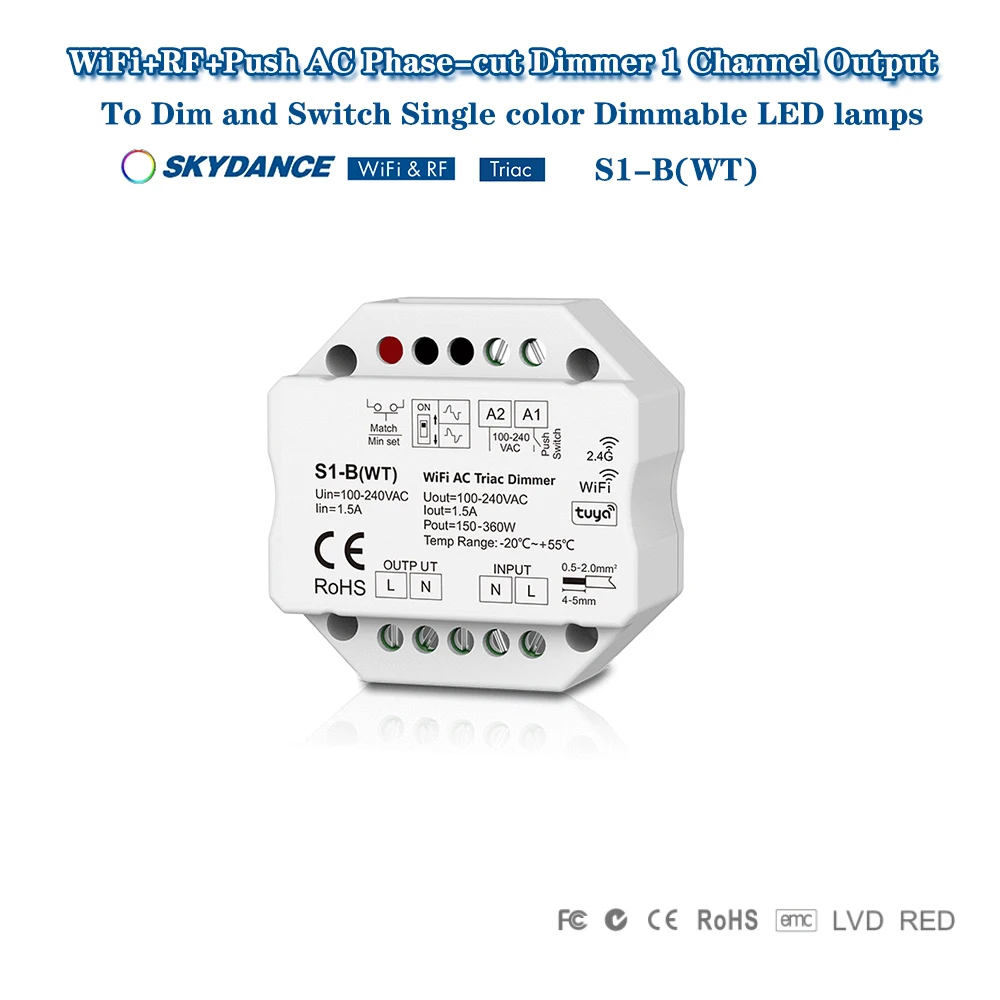 

Skydance S1-B(WT) AC100-220V WiFi+2.4G RF+Push Dim Smart Tuya LED AC Triac Dimmer Switch Remote Control For Dimmable LED Lamps