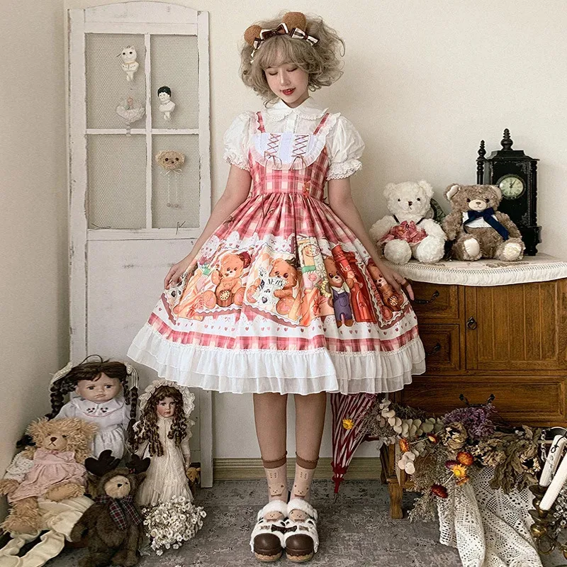 

Victoria Sweet Lolita Japanese Summer Girl Kawaii Party Jsk Strawberry Cartoon Cute Rabbit Printed Strap Dress gh;0