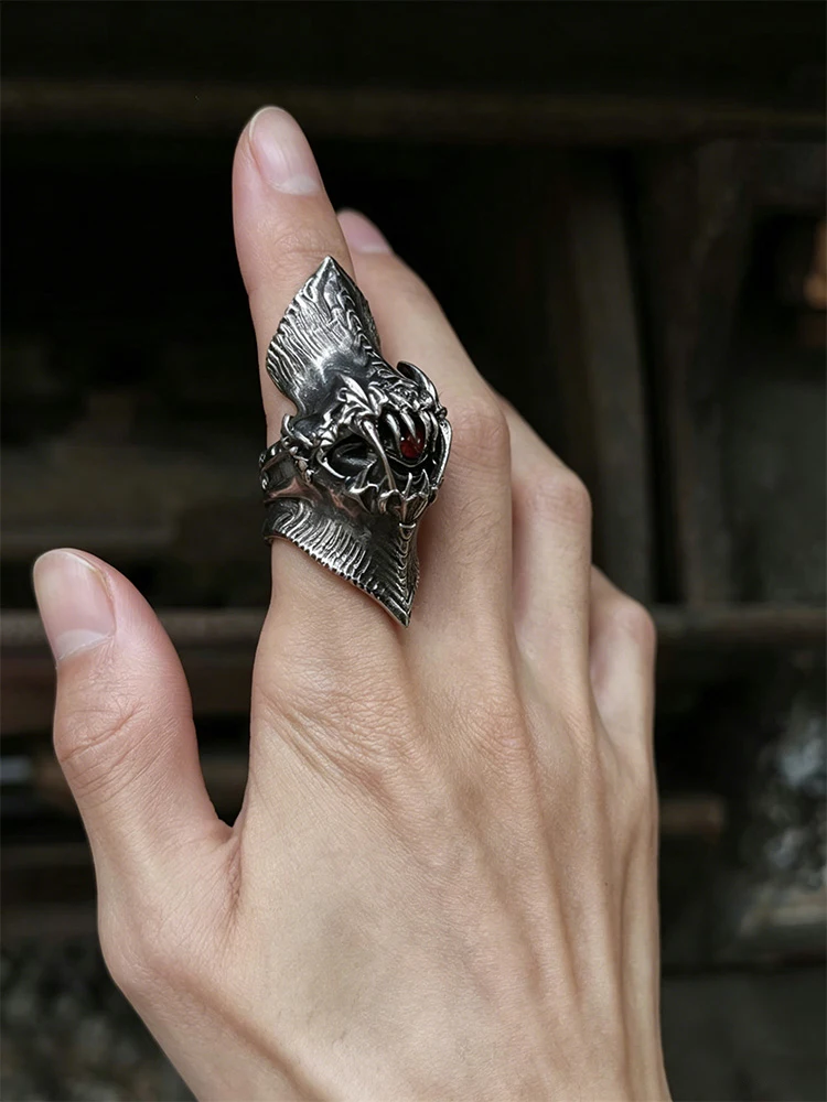 Jewelry Accessories Men Women Copper Material Horror Creature Knuckle Ring, Red Gem Inlay, Gothic Punk Armor Design, Durable Cop