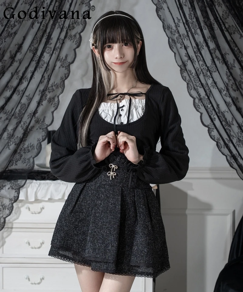 

Черный вязаный топ с длинными рукавами в японском стиле Mass-Produced Landmine, осень-зима, новая милая крутая футболка для девочек Y2K