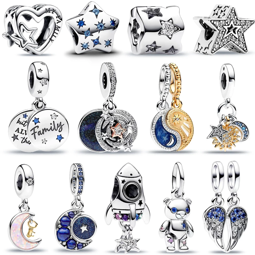 

2023 New Star Sun Moon Two-tone Celestial Triple Dangle Charm Fit Pandora Bracelet Women 925 Sterling Silver Jewelry Beads Gift