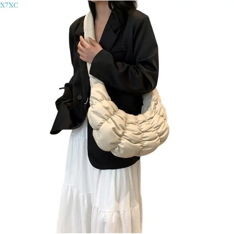 

X7XC Women Fashion PU Leather Quilted Shoulder Bag Handbag Large Capacity Color Pleated Puffer Crossbody Bag Purse