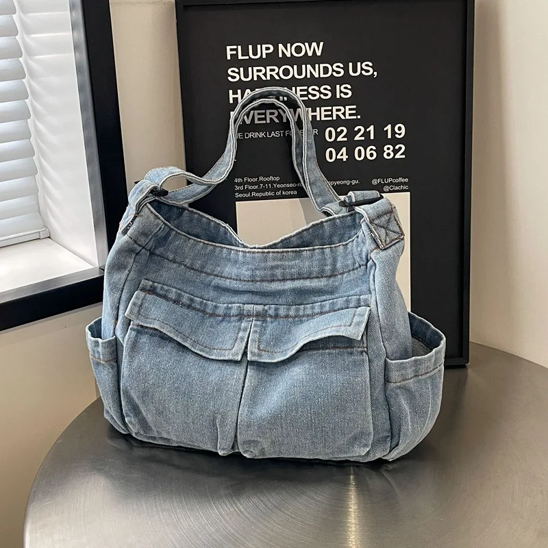 Canvas Messenger Bag Women's Popular New Large-capacity Shoulder Bag Casual Denim Japanese Literature and Art Student Class Bag