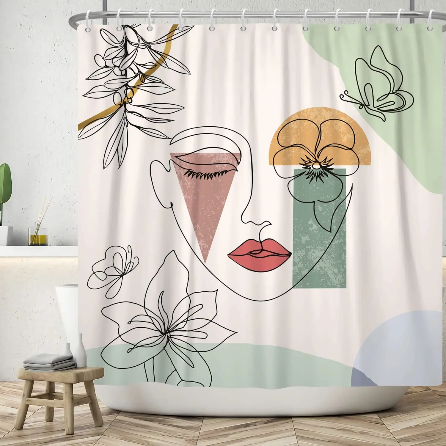 Abstract Face Shower Curtain Line Art Flowers Minimalist Aesthetic Mid Century Modern Shower Curtain 72x72 Inch Bathroom Decor