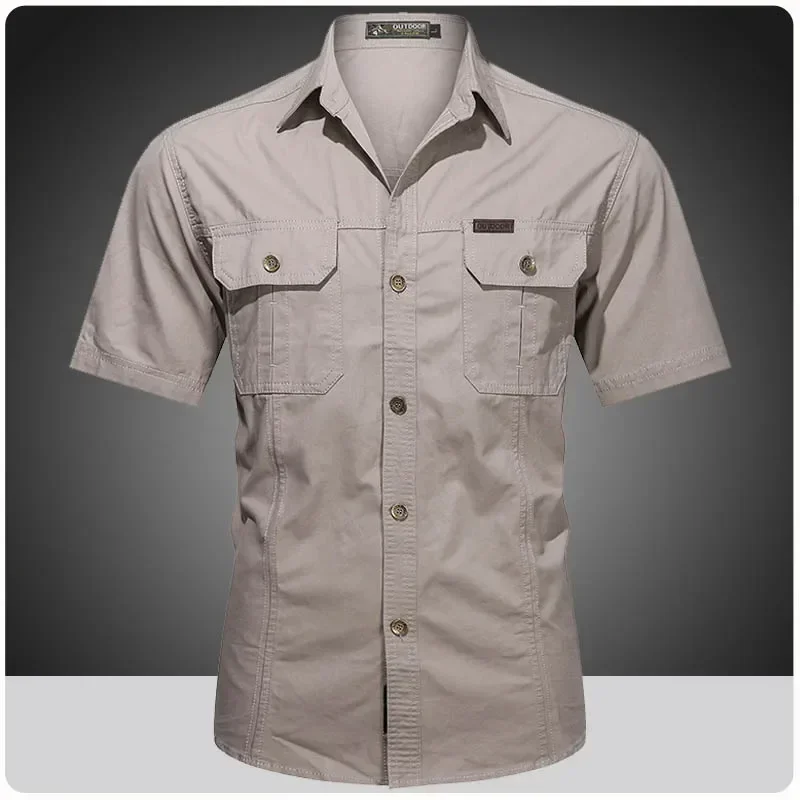 Men's Streetwear Casual Button Down Military Cargo Shirt Short Sleeve Cotton Dress Shirts For Hiking Fishing Golf Polos Shirts