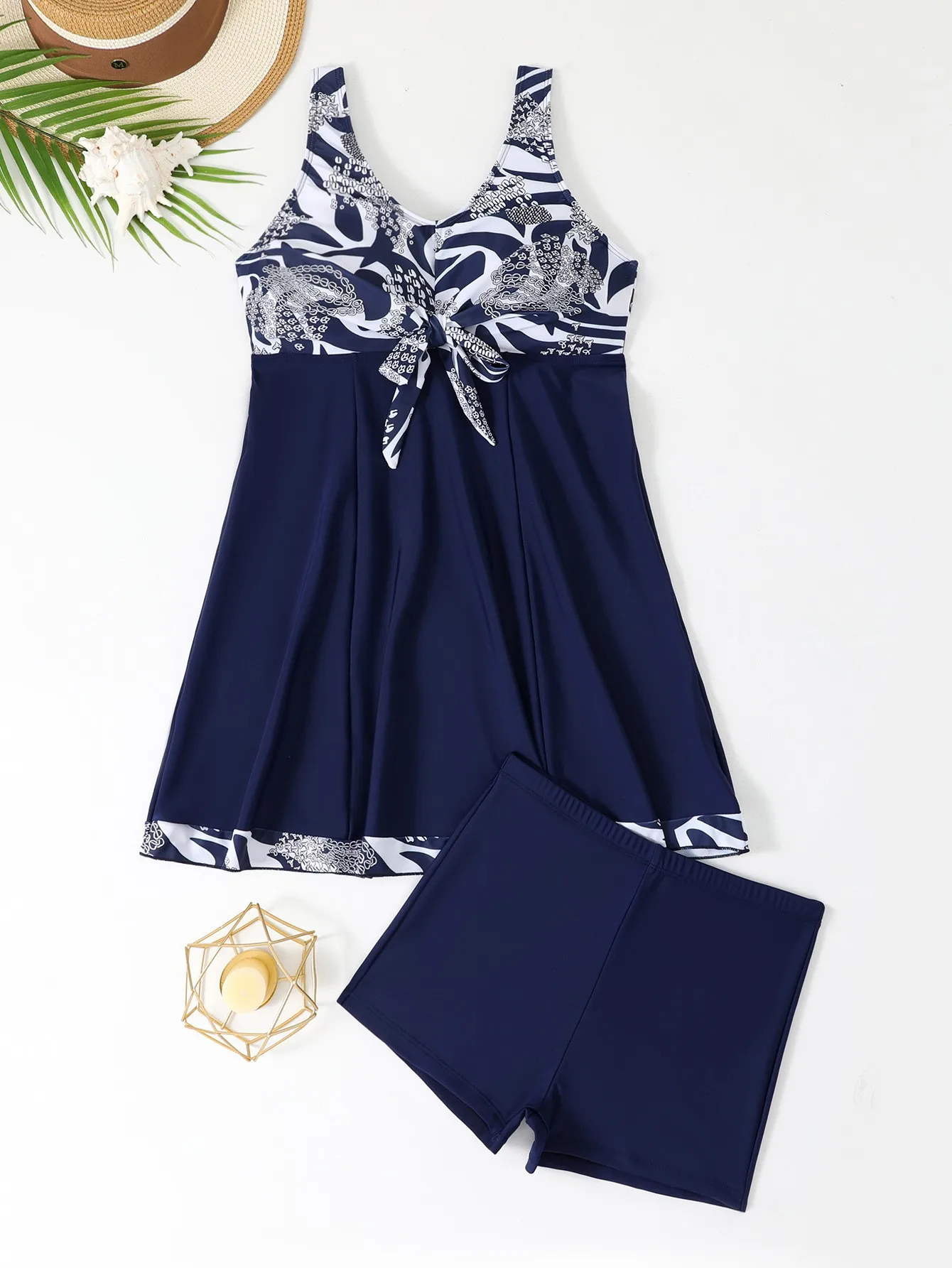 فستان سباحة أنيق مكون من قطعتين 2026 بلوزة تانكيني جديدة مع تنورة مرفقة وخصر عالٍ طقم صيفي تانكيني شورت #6