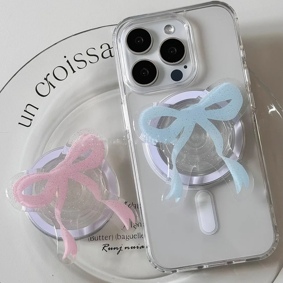 Ins Style Glitter Bow Magnetic Phone Grip Holder Clear Adhesive Bracket Socket Cell Mobile Stand Girls Daily Decor Accessories view 4