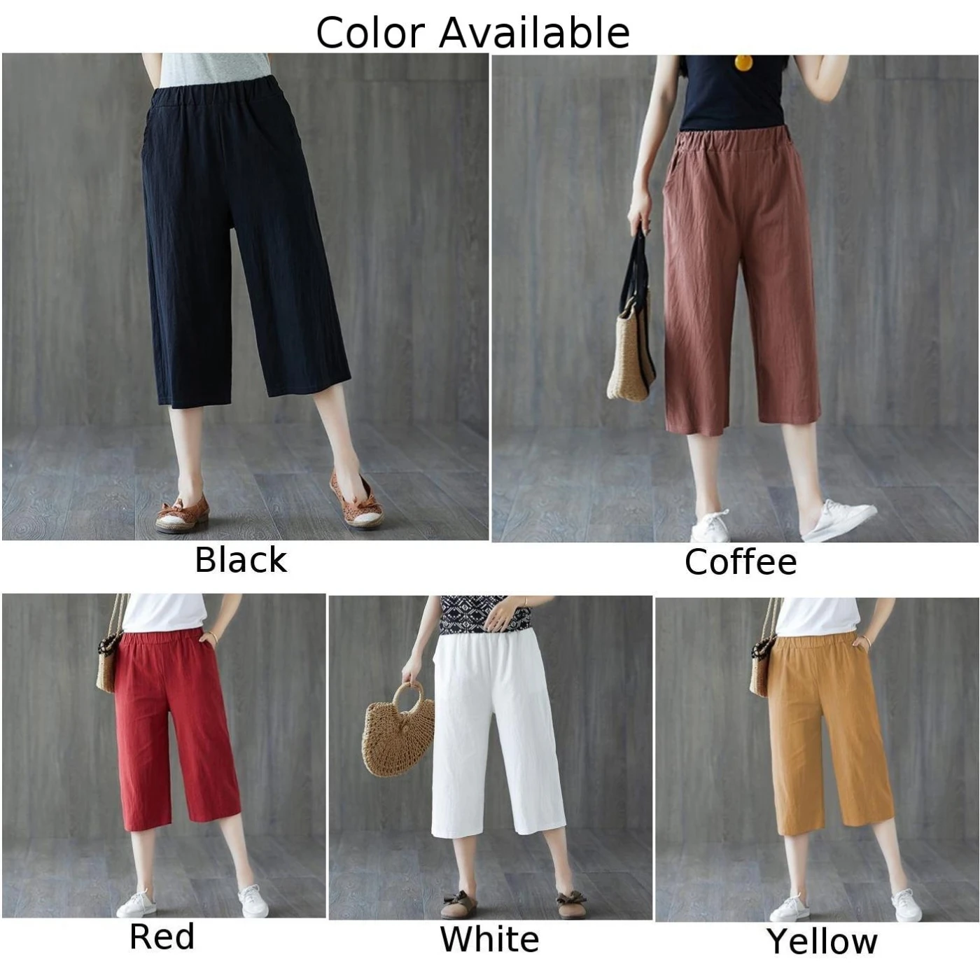 Calça Capri de algodão de linho de cintura alta monocromática feminina, calça casual recortada feminina, bolsos largos nas pernas