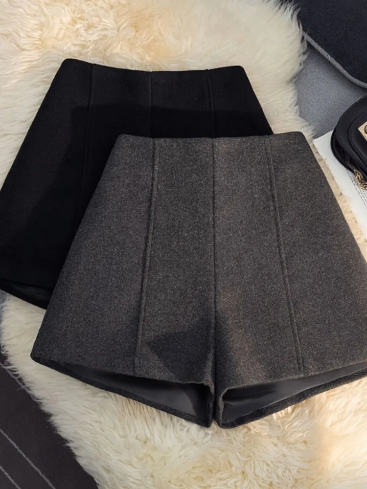 

High Waist Thickened Woolen Short Pants Women's Autumn Winter Small Size A-Line Wide Leg Base West Pants Slimming Boot Pants