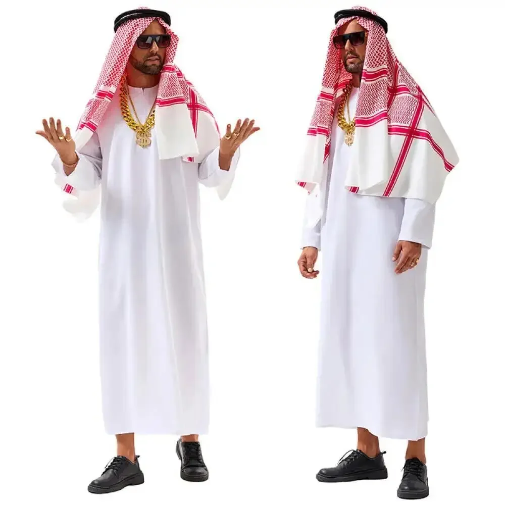 Arabian Dubai Costume Uae Sheik Cosplay White Robe Headscarf for Wealthy Saudi Birthday Costume Halloween Rich Man Outfit Polyes view 3