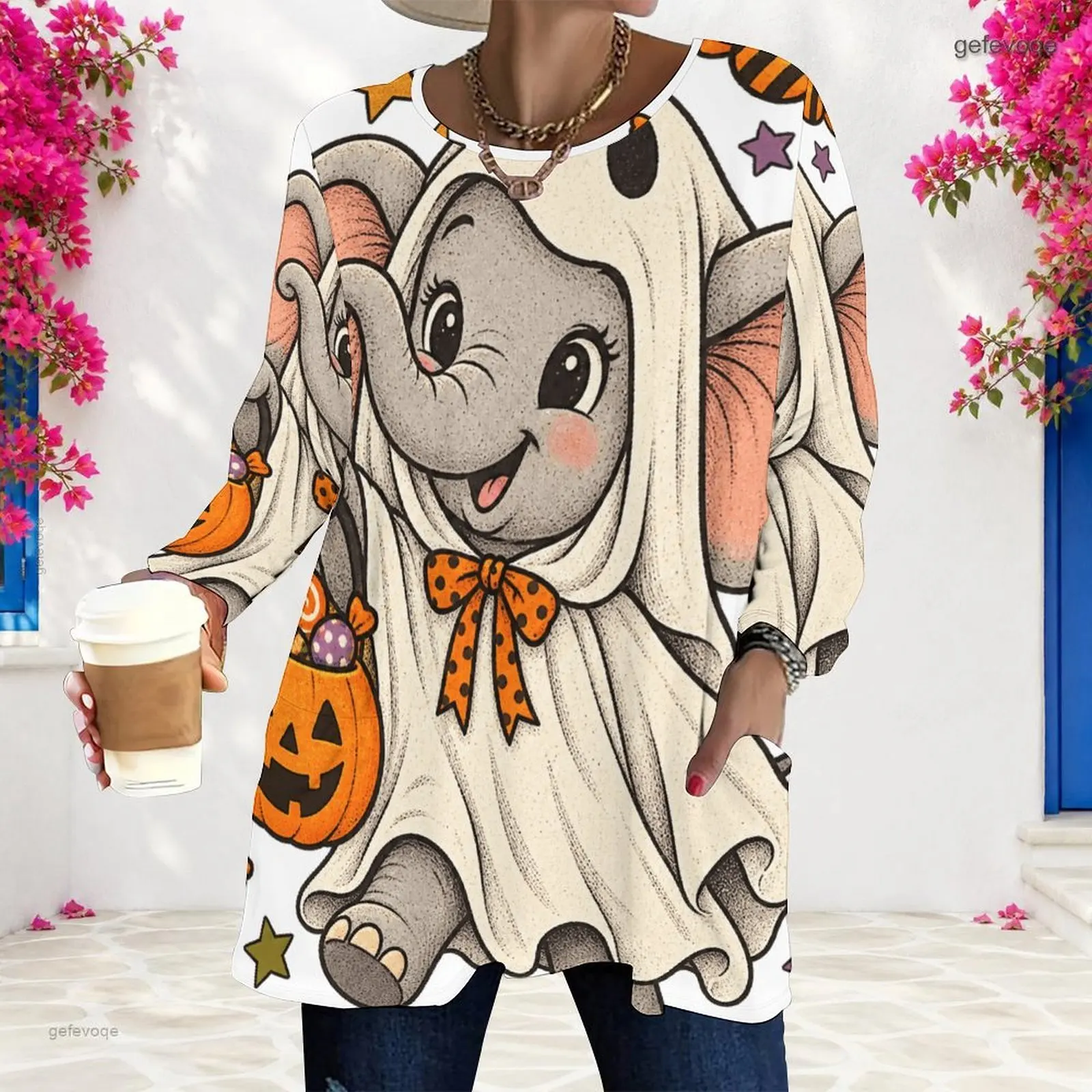 Women Halloween Sloth Crescent Moon Pumpkin Printed Round Neck Long Sleeve Loose Top with Pockets