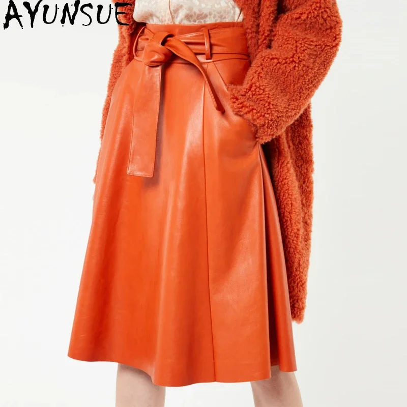 Orange AYUNSUE Pleated Skirt Women Female Knee High Soft Genuine Leather Belt Pocket Umbrella Jupe Mujer Chic Streetwear Falda