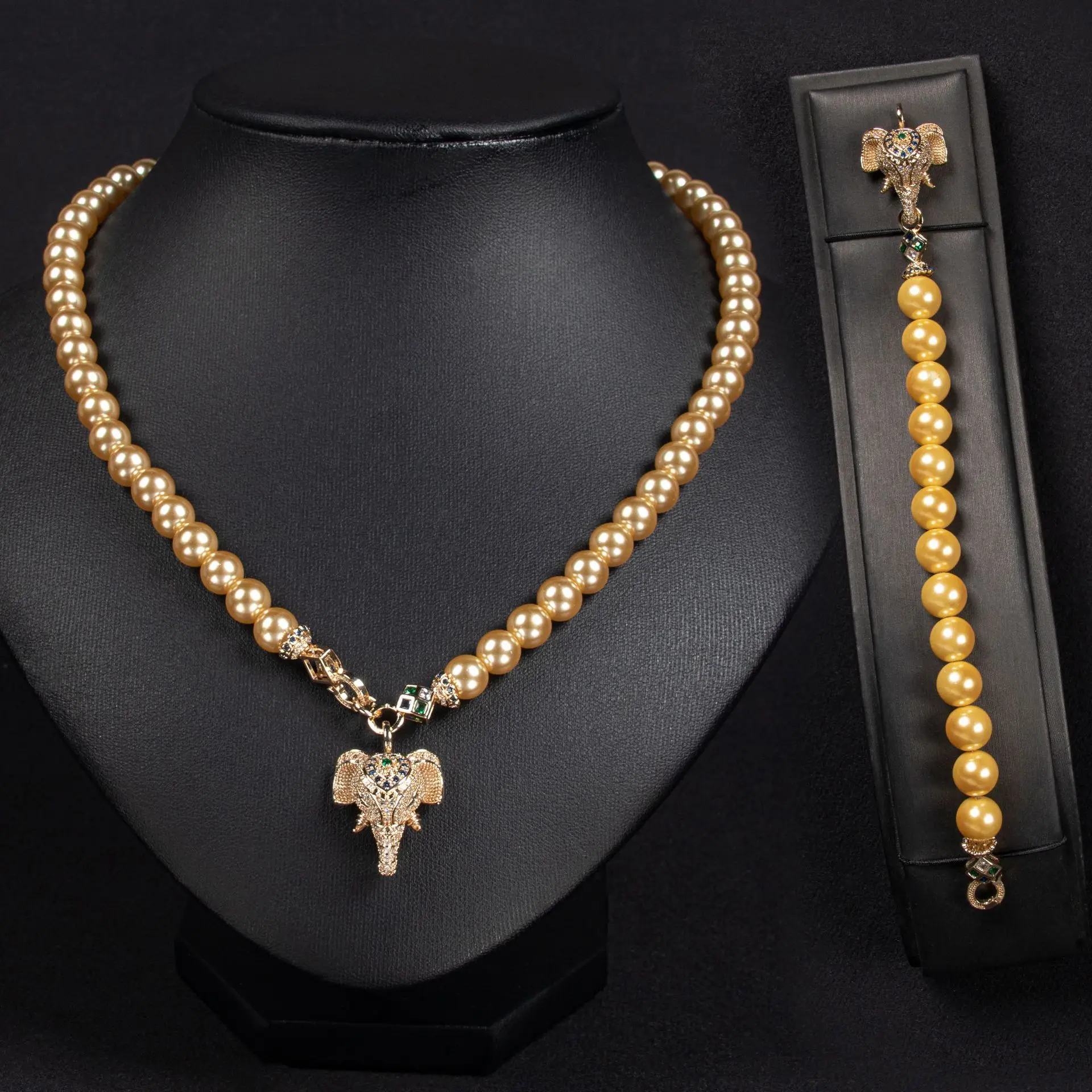 

New Out Lucky Pearls Elephant Necklace Bracelet Earrings Set Dress Women Bridal Wedding Party Prom Gift Accessories M-298