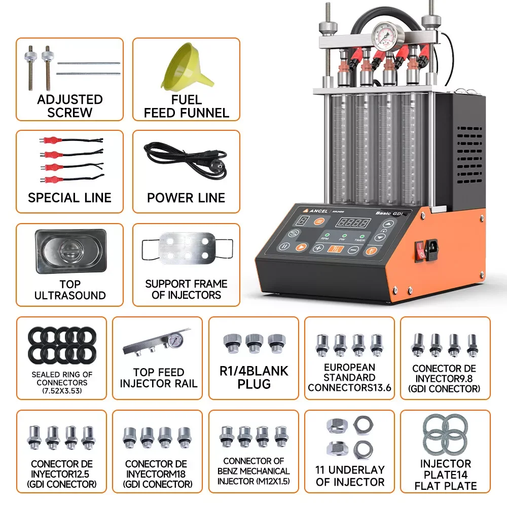 ANCEL ANJ400 Ultrasonic Fuel Injector Tester Cleaner Injecting Flow Test Machine GDI 4 Cylinders Ultrasonic Injector Cleaning