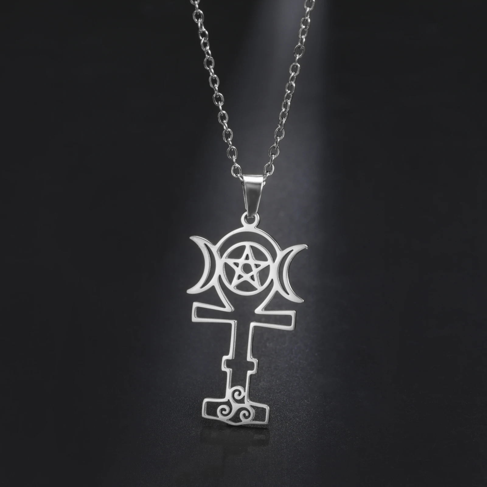 Pentagram Moon Star Moon Cross Witch Knot Greek Moon Goddess Stainless Steel Necklace Women's Gift
