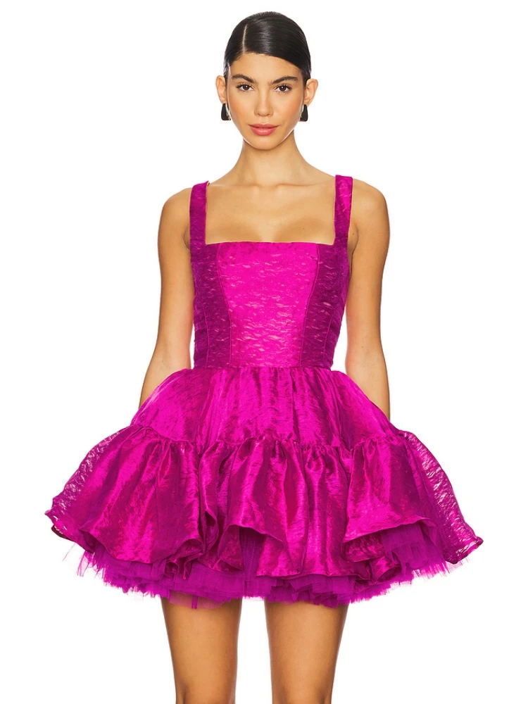 Sexy Sling Square Neck Mini Ball Gown Women Fuchsia Sleeveelss Backless A-line Dresses Elegant Evening Party Cocktail ClubWear