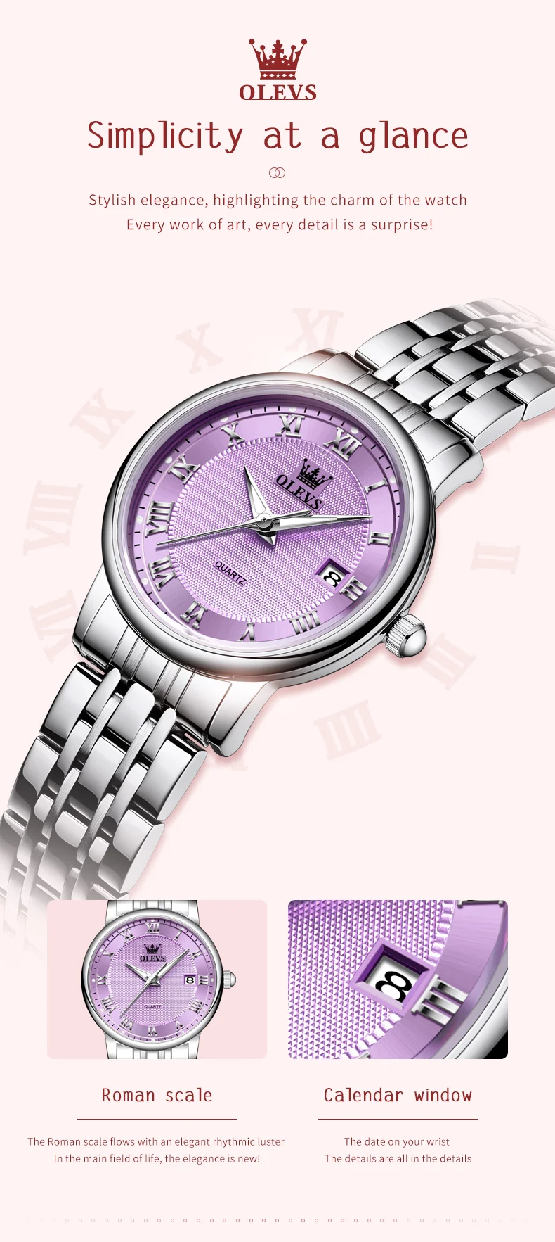 ساعة OLEVS الفاخرة الأنيقة للنساء بمقياس روماني وساعات كاجوال وتاريخ تلقائي مقاومة للماء من الفولاذ المقاوم للصدأ
