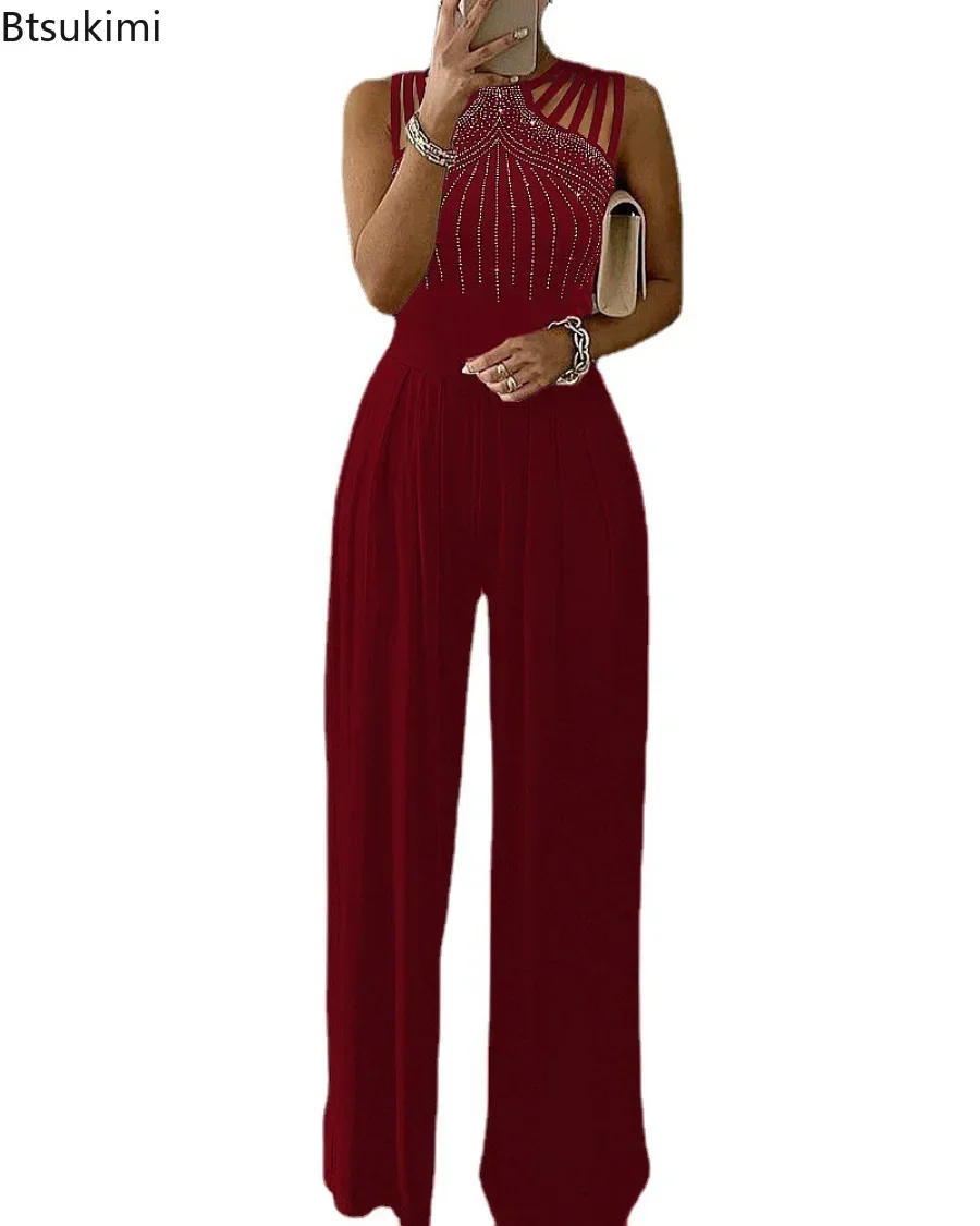 Plus Size 4XL 5XL Women Elegant Sleeveless Partywear Jumpsuits Formal Party Romper Studded Wide-leg Jumpsuit Overalls Female