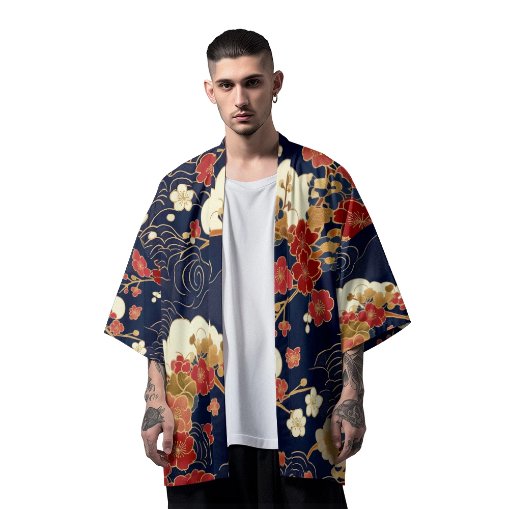 Classic Versatile Section Fashion Fox Color Printed Feather Woven Robe Men's Fashion Design Casual Kimono Men's Tops