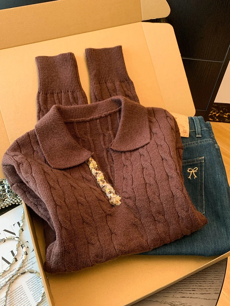 سترة نسائية ذات ياقة بولو بتصميم خريفي وشتوي جديد سميك من العجين المقلي بلوفر مخطط بنمط كسول #6