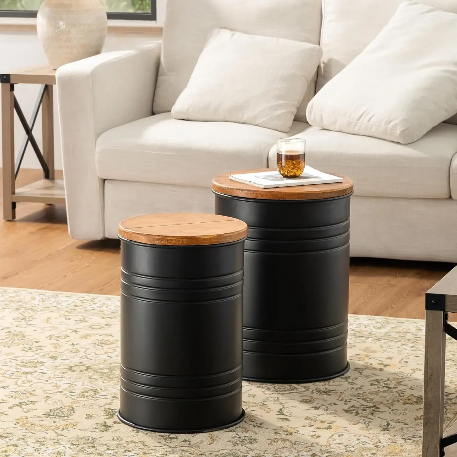 Rustic End Table Set of 2, Farmhouse Galvanized Metal Barrel Ottoman Storage Stool with Round Wood Lid for Living Room Furniture