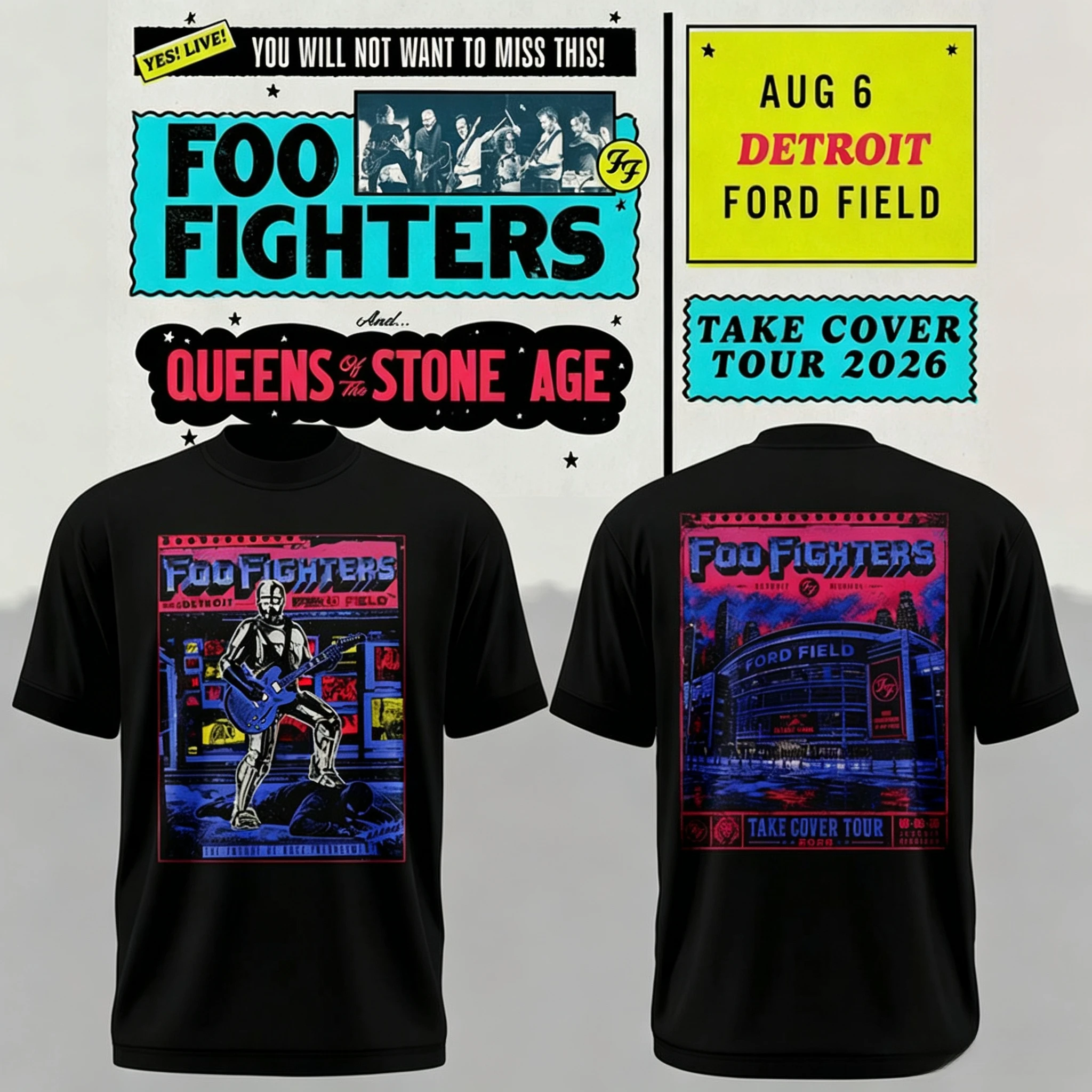 2026 Vintage Foo Fighters Detroit Ford Field Tour T-shirt Double Sided Print Rock Music Fan Men Casual Streetwear Short Sleeve