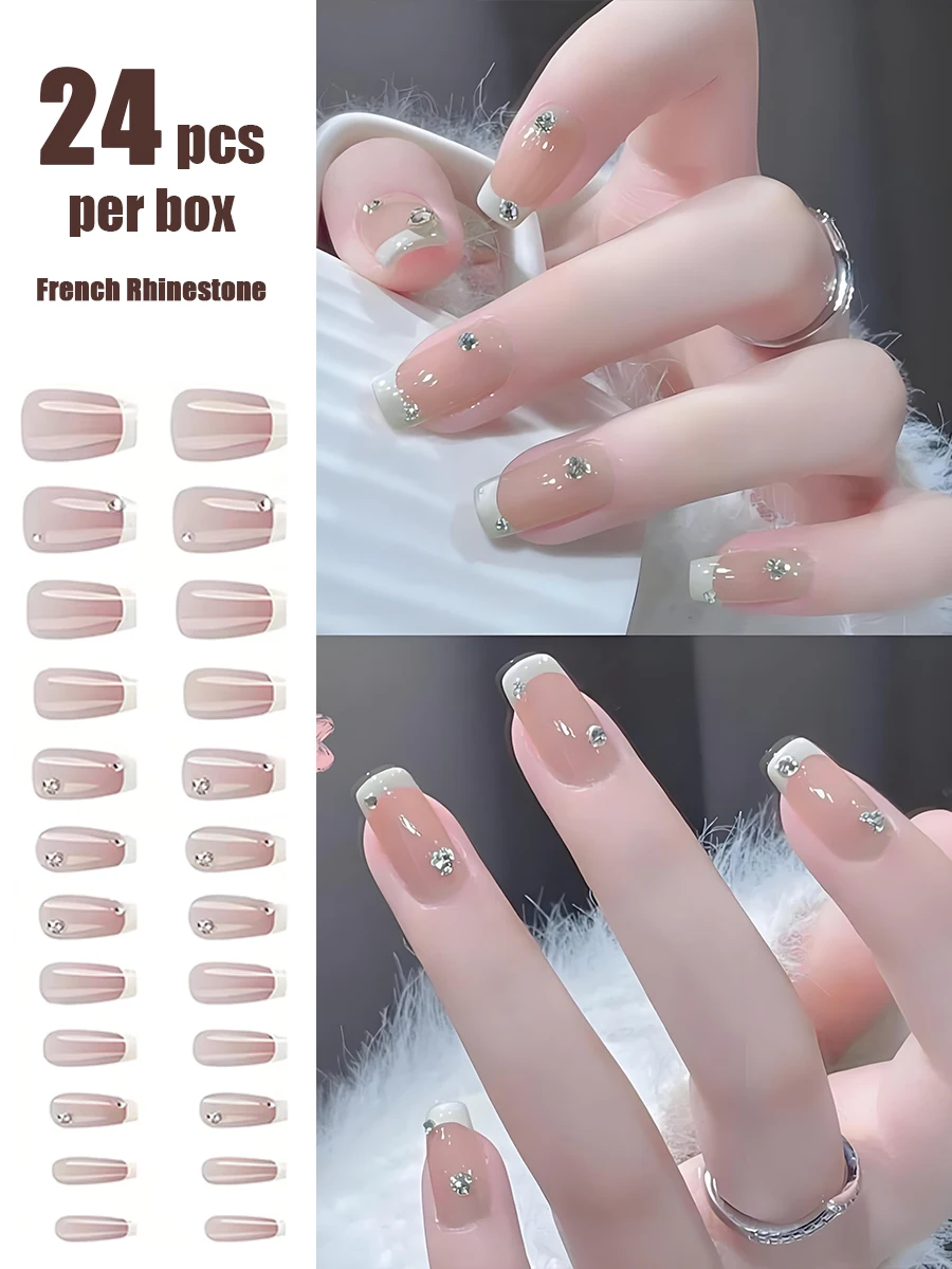 24Pcs French Rhinestone Flat Press On Nails, Light Luxury False Nail Tips with Application Tools, Flattering Fake Nails