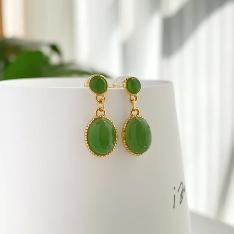 Natural Hetian S925 Silver Inlaid Jade Cabochon Earrings Women High Certificate Of Authenticity
