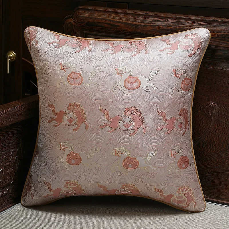 Traditional Chinese Silk Brocade Pillow Cover | Retro Divine Horse Pattern Cushion Case | Elegant Palace Style Sofa Bedroom Deco
