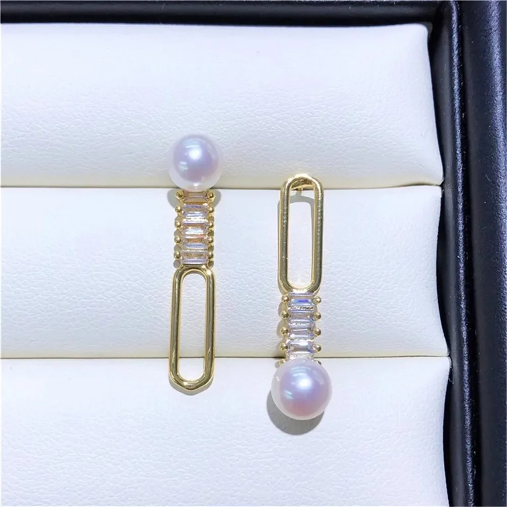 

DIY Pearl Accessories 18K Bag Gold Copper Thick Gold Plated T Square Zirconium Asymmetric Design Stud Earrings 6-7mm