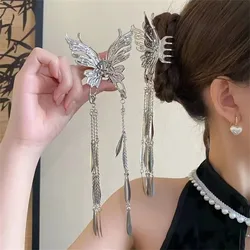 New Chinese Style Butterfly Tassel Hair Claw Silver Alloy Grip For Women Hanfu Updo Elegant Back Head Accessory