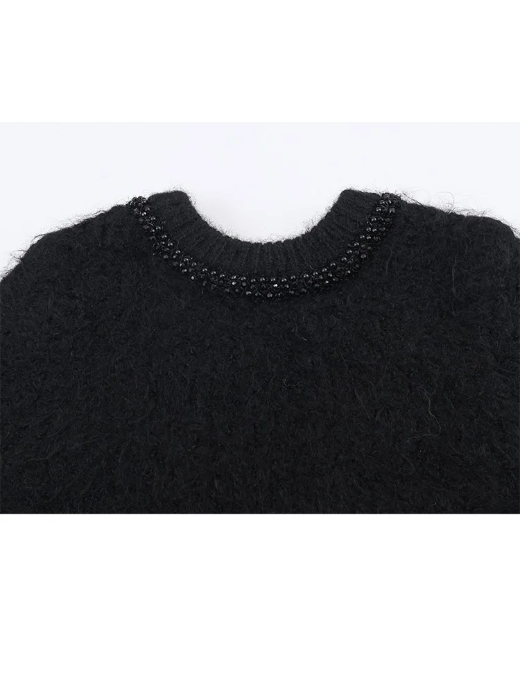 HH امرأة أنيقة السراويل الأكمام مجوهرات مطرز الديكور الياقة المستديرة بلوفر مغزول الإناث الربيع فضفاض الصلبة بلوزات قصيرة