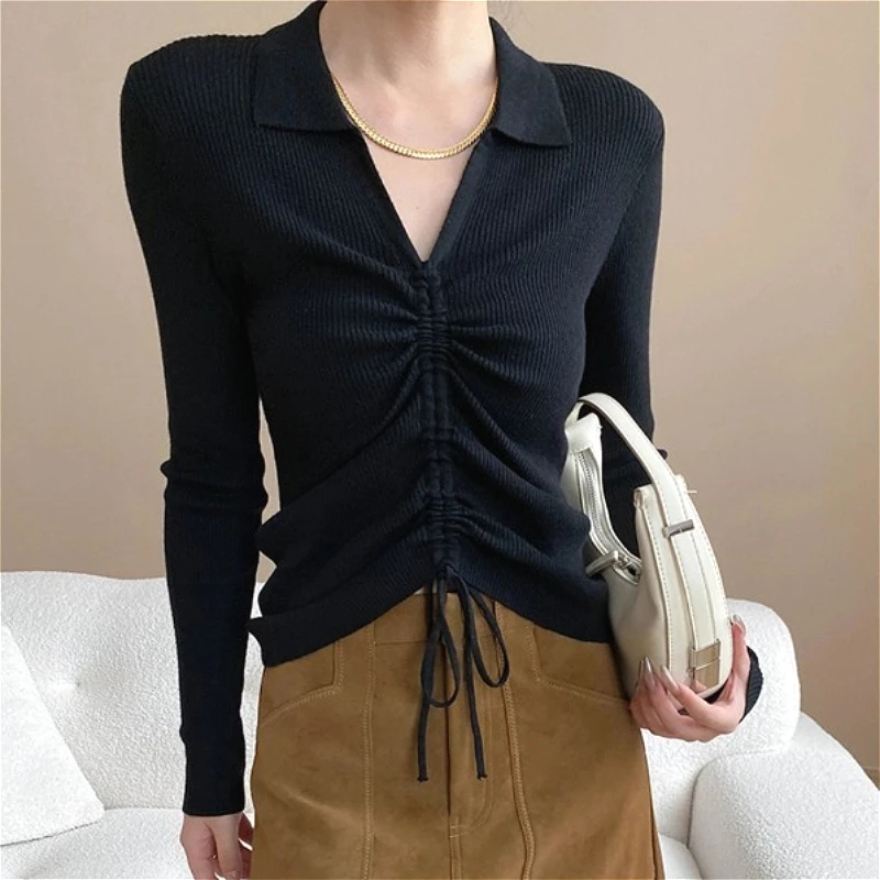 

2026 Spring Pullovers Women Sweaters Polo Collar Full Sleeve Jumpers Y2k Streetwear Elegant Splice Knit Slim Fit Work Autumn