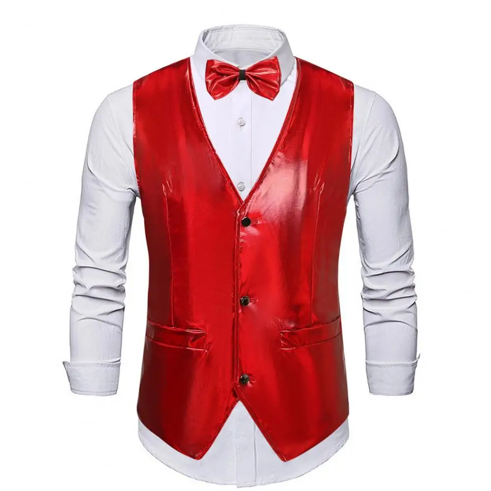 

Groom Waistcoat Retro Disco Groom Wedding Party Men's Vest Bow Tie Set with Glossy Surface V Neck Single-breasted for Special