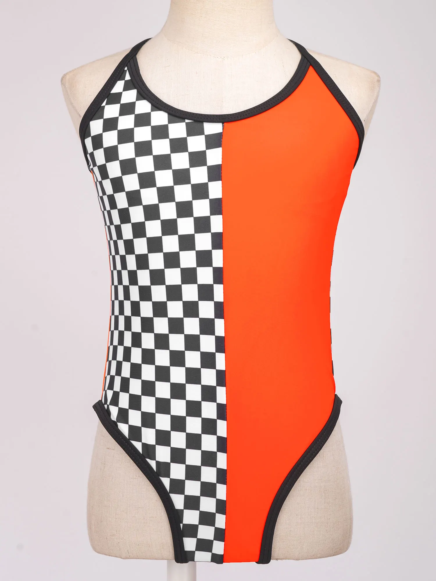 Orange Plaid Patchwork Swimwear for Kids Girls Sleeveless Backless Removable Chest Pads Checkerboard Print One-piece Swimsuit