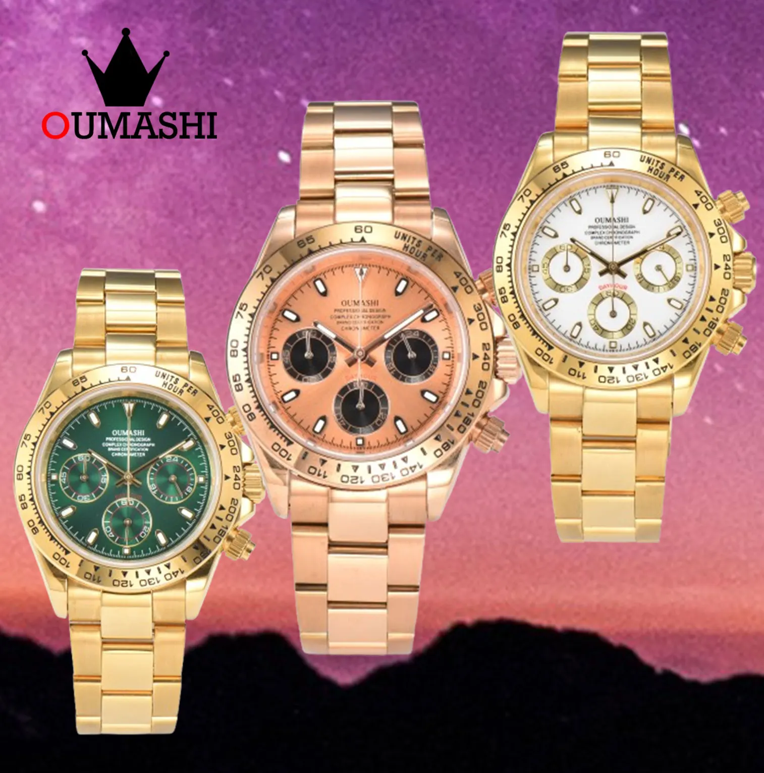 OUMASHI-VK series 63 Men's watch, men's sports watch, Panda Three eye quartz watch, stainless steel, waterproof, chronograph