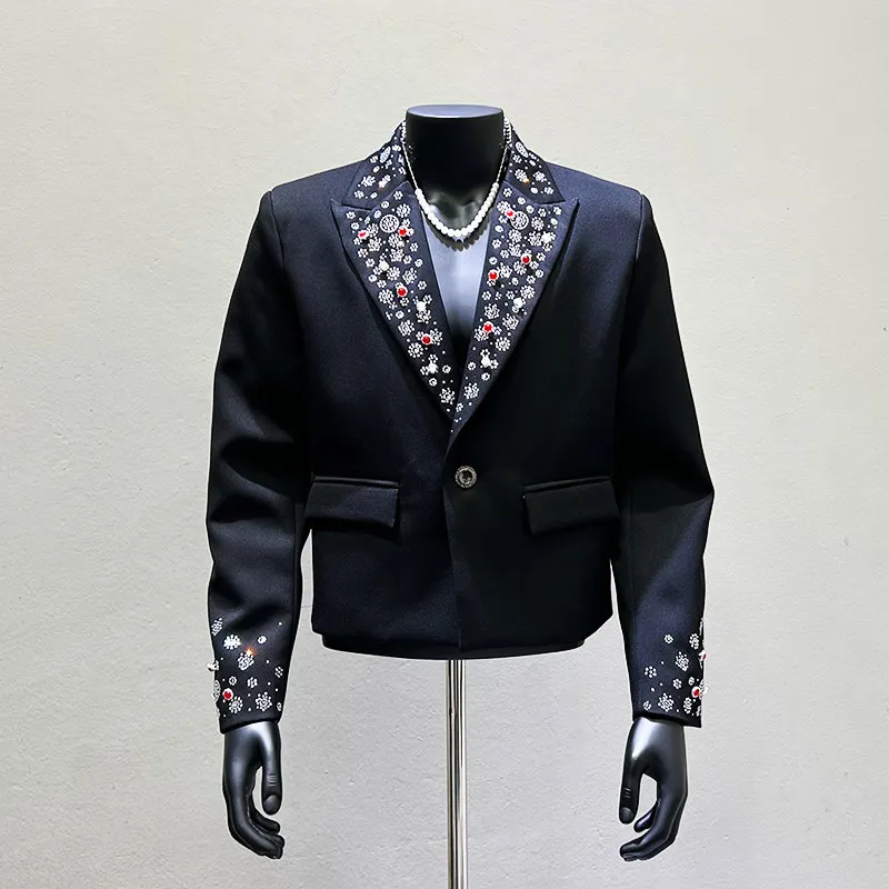 Men's Beaded Cropped Blazer, Formal Performance Suit Jacket for Music Festivals and Experimental Street Fashion