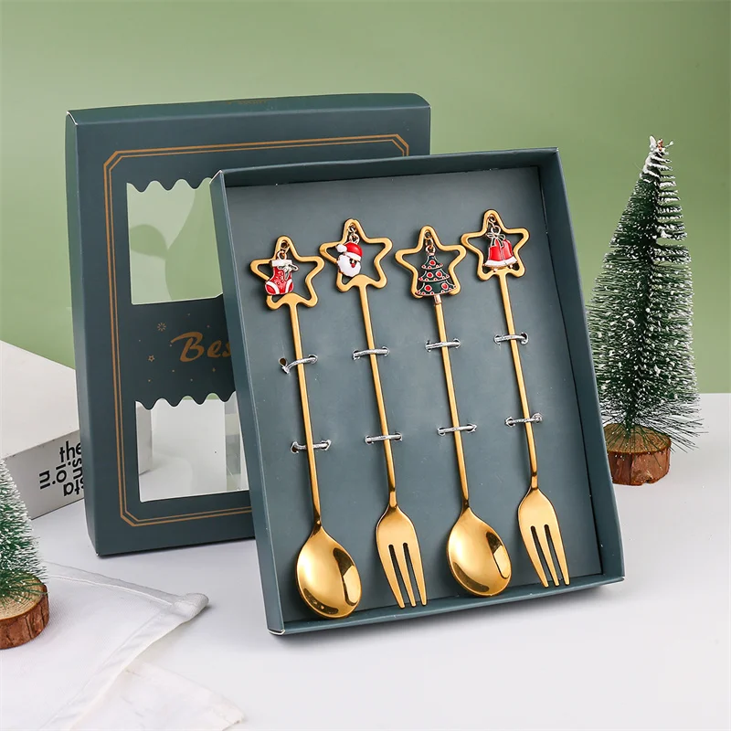 2/4/6pcs Stainless Steel Christmas Coffee Spoon Soup Sugar Dessert Teaspoon Fork Kitchen Tableware Cutlery Set