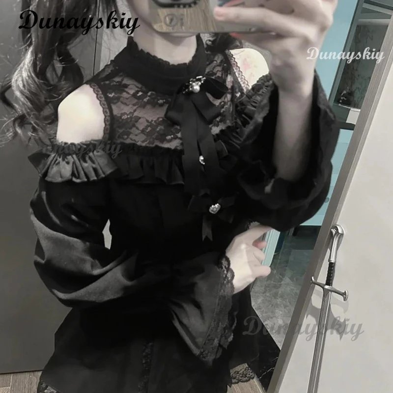 Gothic Jirai Kei Women Outfit Luxury Patchwork Lace Slim Fitted Two Piece Set Sweet Bow Decor Japanese Style High Street Daily