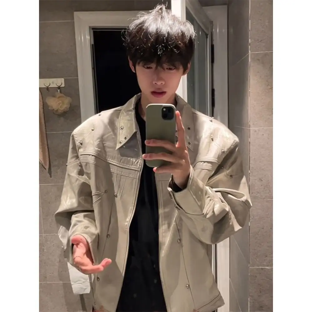 American Style Short Padded Shoulder Men's Jacket Spring Autumn High Sensation Cool Metal Stand Collar Workwear Flight Jacket