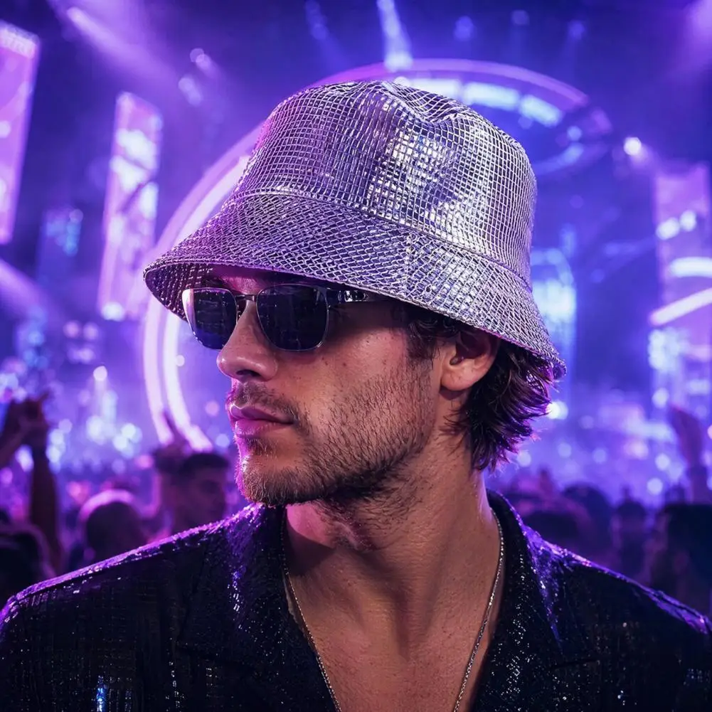 Rainproof Sun Hat Checkered Glitter Hat Shiny Fabric Bucket Hat with Reflective Rainproof Design Colorful Fish Scale Pattern