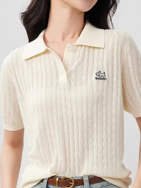

Korean Design Neck Embroidered Short Sleeve Knitted Shirt Women's Summer New Style Slim Fit Versatile Top Commute Style