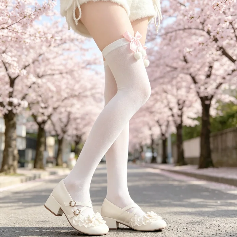 Spring Sweet Lolita Long Thigh High Socks Female Fluffy Bow Pom Pom Decoration Cute Soft Over Knee Stockings For Skirt Matching view 3