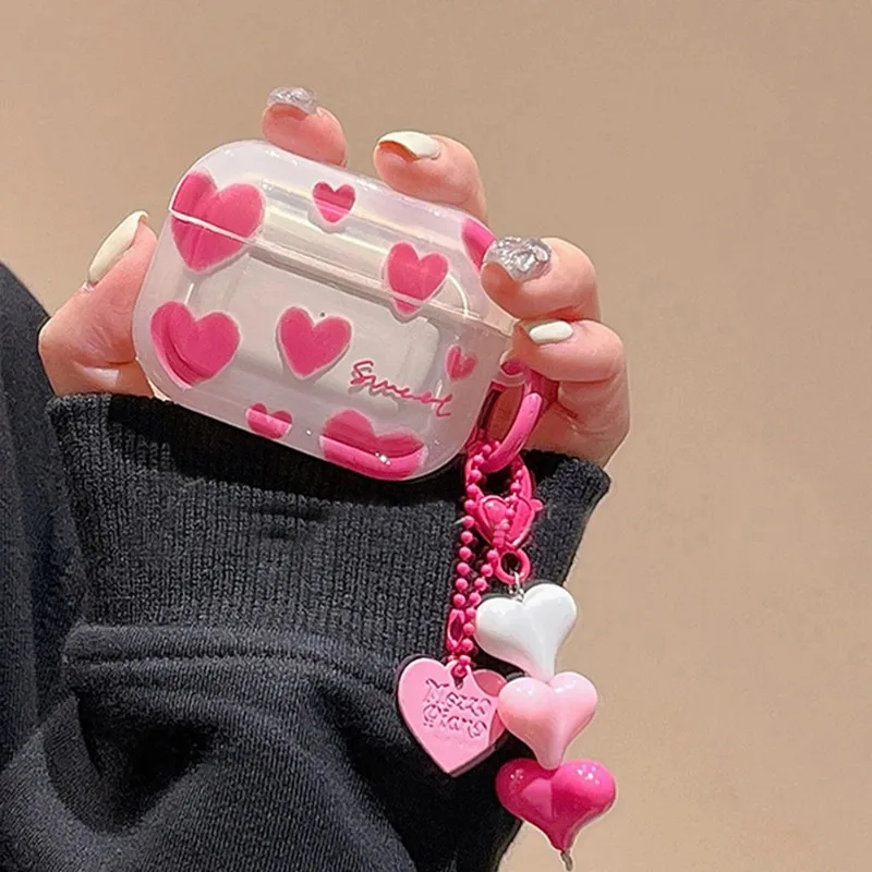 하트 패턴 에어팟 케이스, 에어팟 1, 2, 3 프로, 2 세대 케이스, 펜던트 키체인, 여성