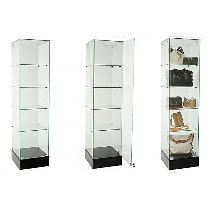 Custom, disassembled glass display tower Frameless full showcase tower with black base