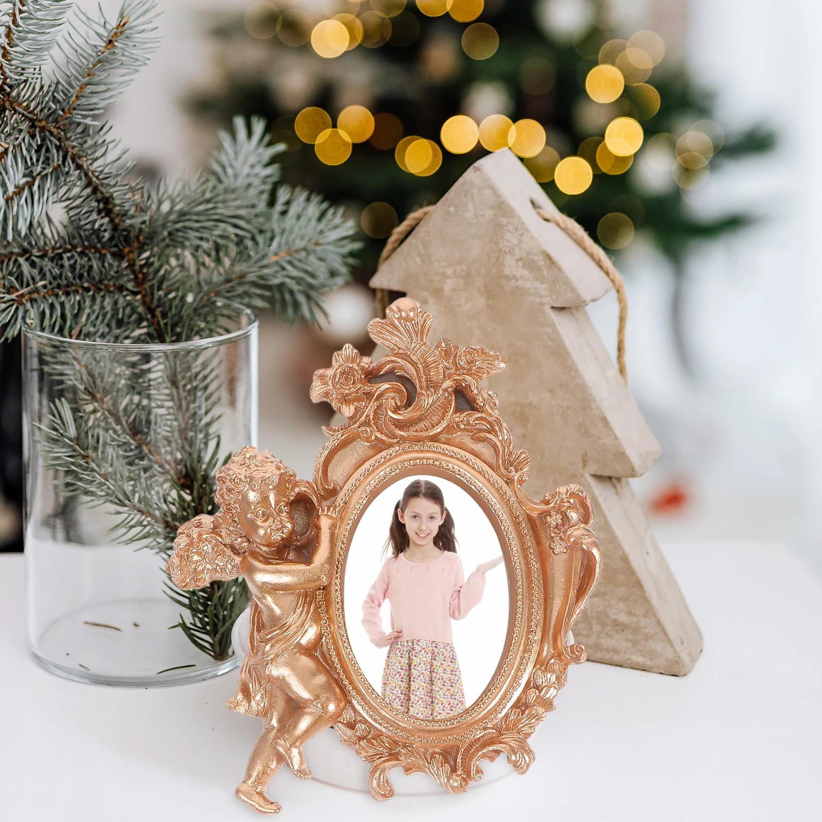 

1pc Resin Angel Statue Decor Photo Frame Cherub Ornaments Home Office Tabletop angel frame decoration praying figurines