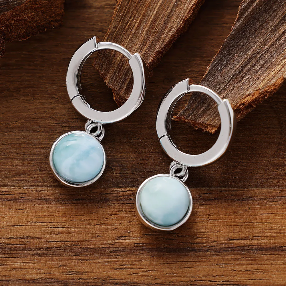 Creative Natural Gemstones Larimar Pectolite Hoop Dangle Earrings Healing Crystal Woman Drop Earrings Desiger Jewellery