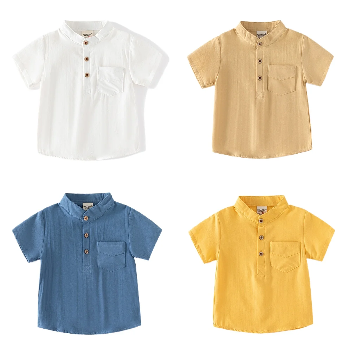 2024 Summer New Fashion Boys\' Solid Color Short-Sleeve Shirt, Casual Pure Cotton Stand Collar Top for Kids, Ages 3-8, 4 Colors