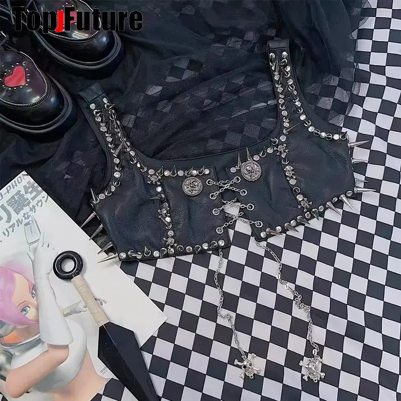 Kobiety Gothic Lolita Punk Harajuku Streetwear Y2K Girl Steampunk Belt Spike Trim Crop Tops Rivet Skeleton Metal Chain Tank Top