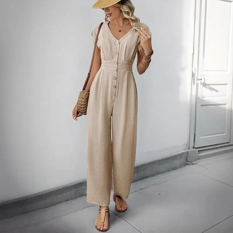 

2025 New Casual Vacation Simple V-Neck Elastic High Waist Wide Leg Jumpsuit Comfortable Loose Fit Long Pants Leather